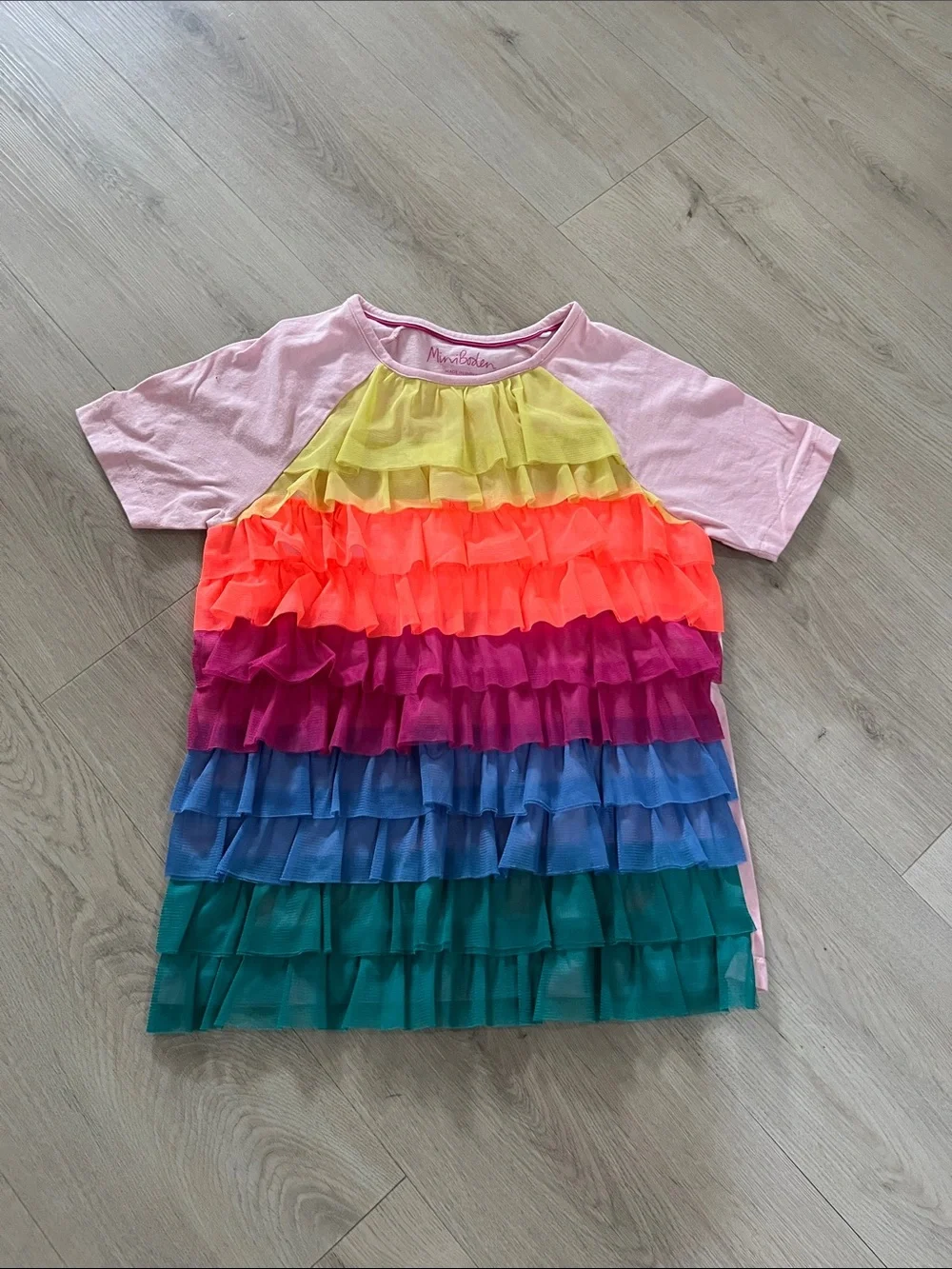 Mini Boden Pink Tee with Rainbow Ruffle Front